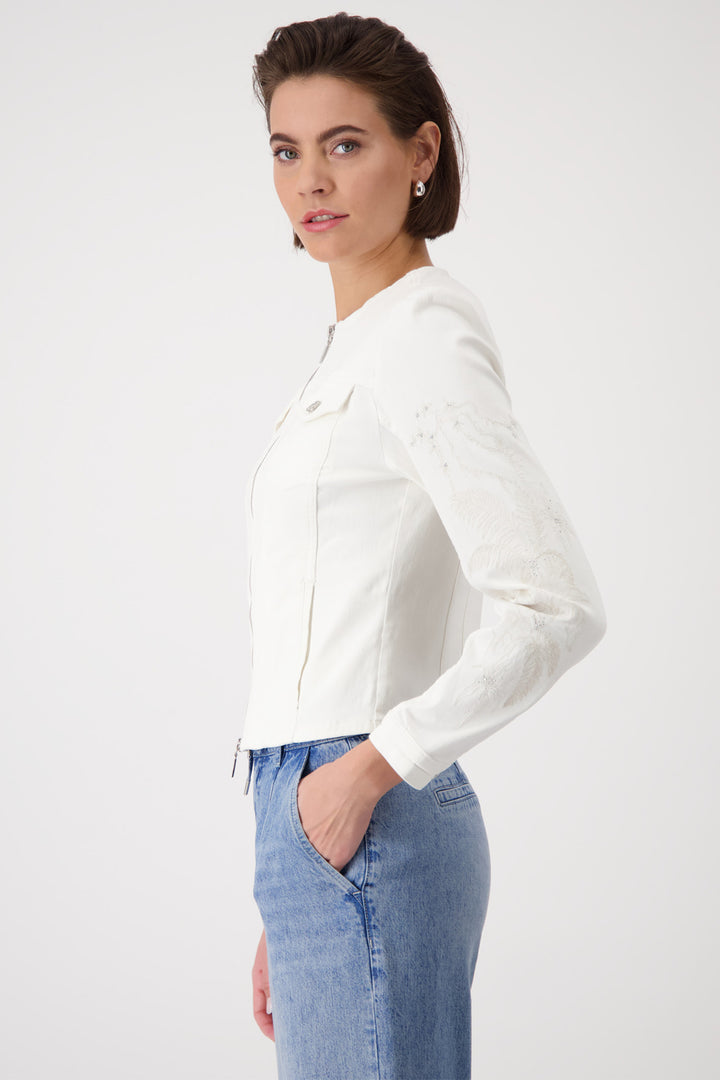 Monari Off White Round Neck Zip Front Jeans Jacket 409423 - Experience Boutique