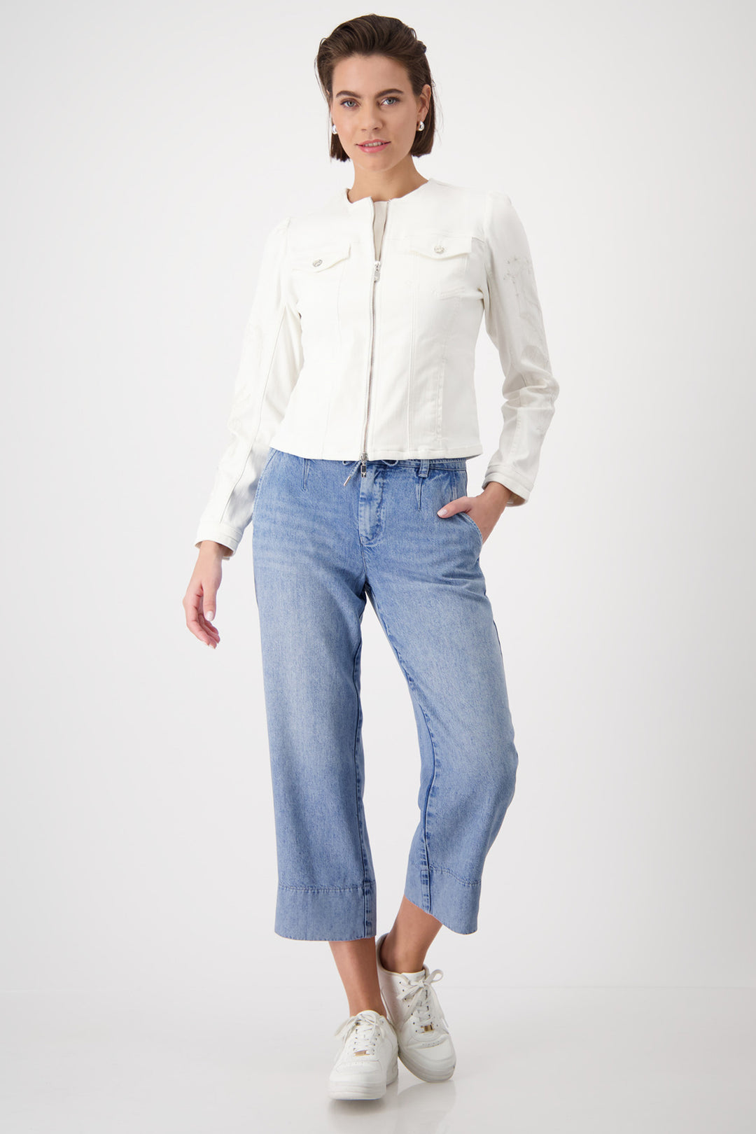 Monari Off White Round Neck Zip Front Jeans Jacket 409423 - Experience Boutique