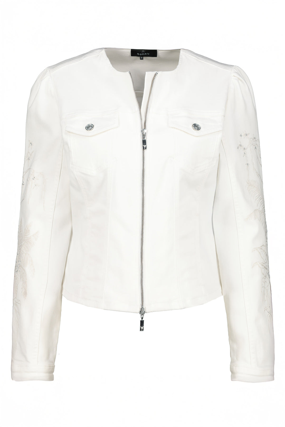 Monari Off White Round Neck Zip Front Jeans Jacket 409423 - Experience Boutique