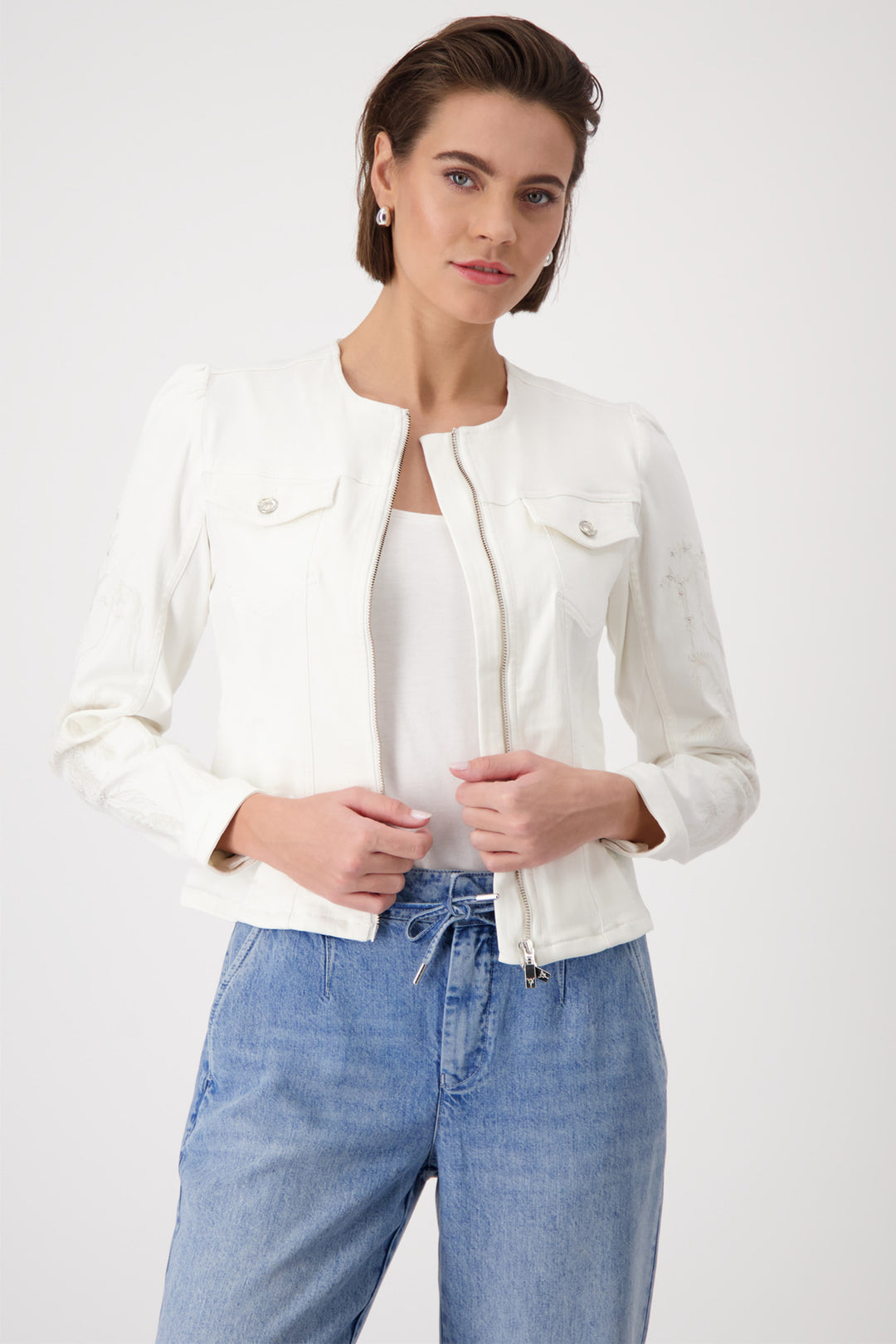 Monari Off White Round Neck Zip Front Jeans Jacket 409423 - Experience Boutique