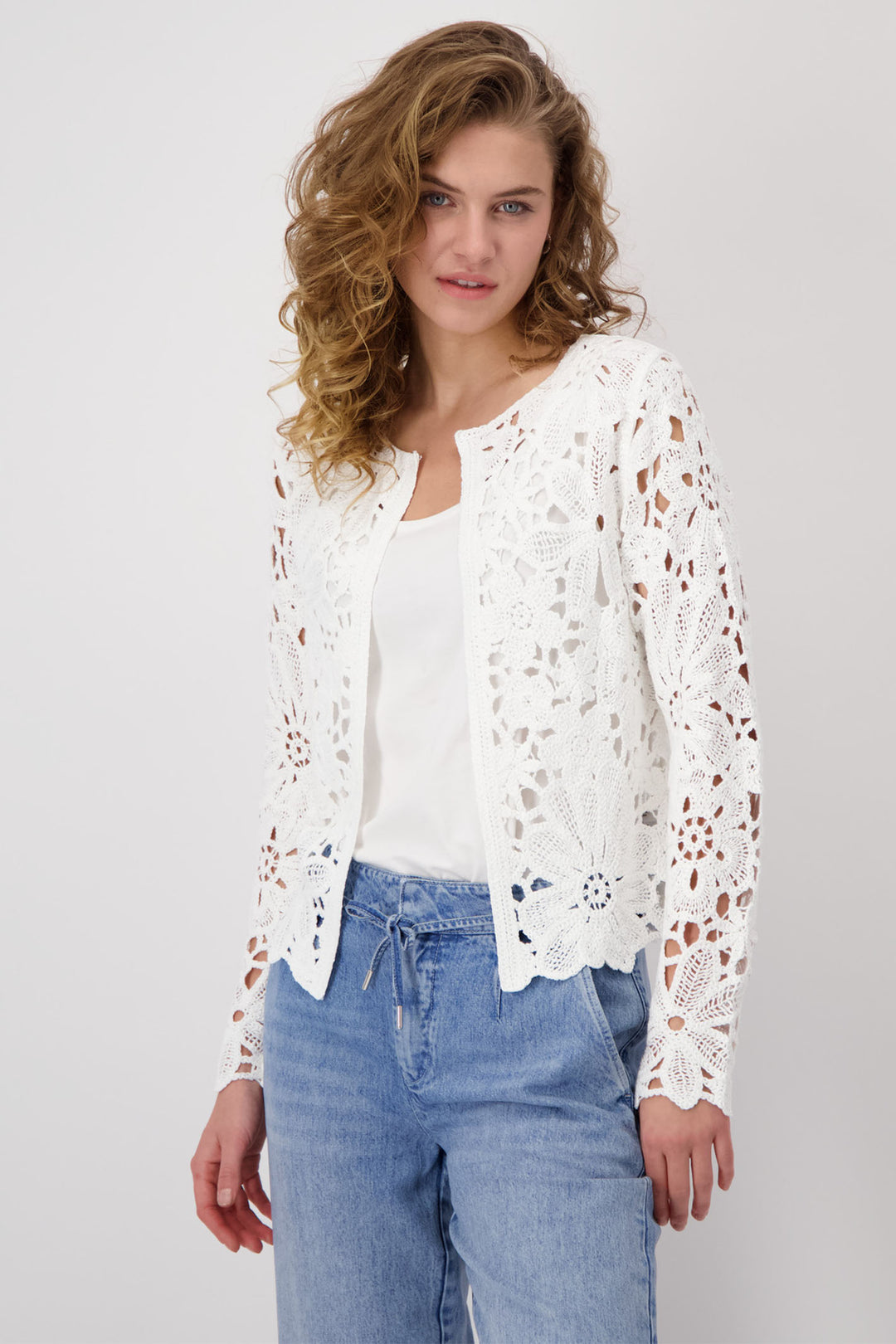 Monari Off White Rounded Neckline Lace Jacket 409471 - Experience Boutique