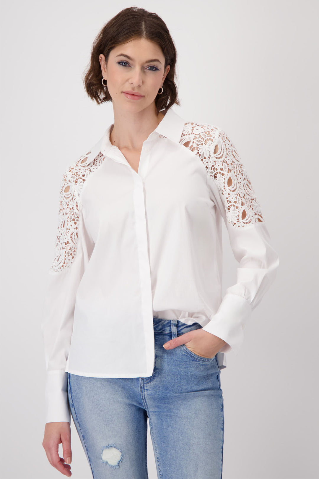 Monari White Cotton Lace Shoulder Shirt 409400 - Experience Boutique