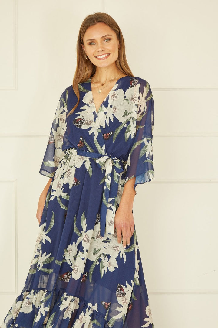 Navy Floral Kimono Sleeves Dip Hem Wrap Midi Dress