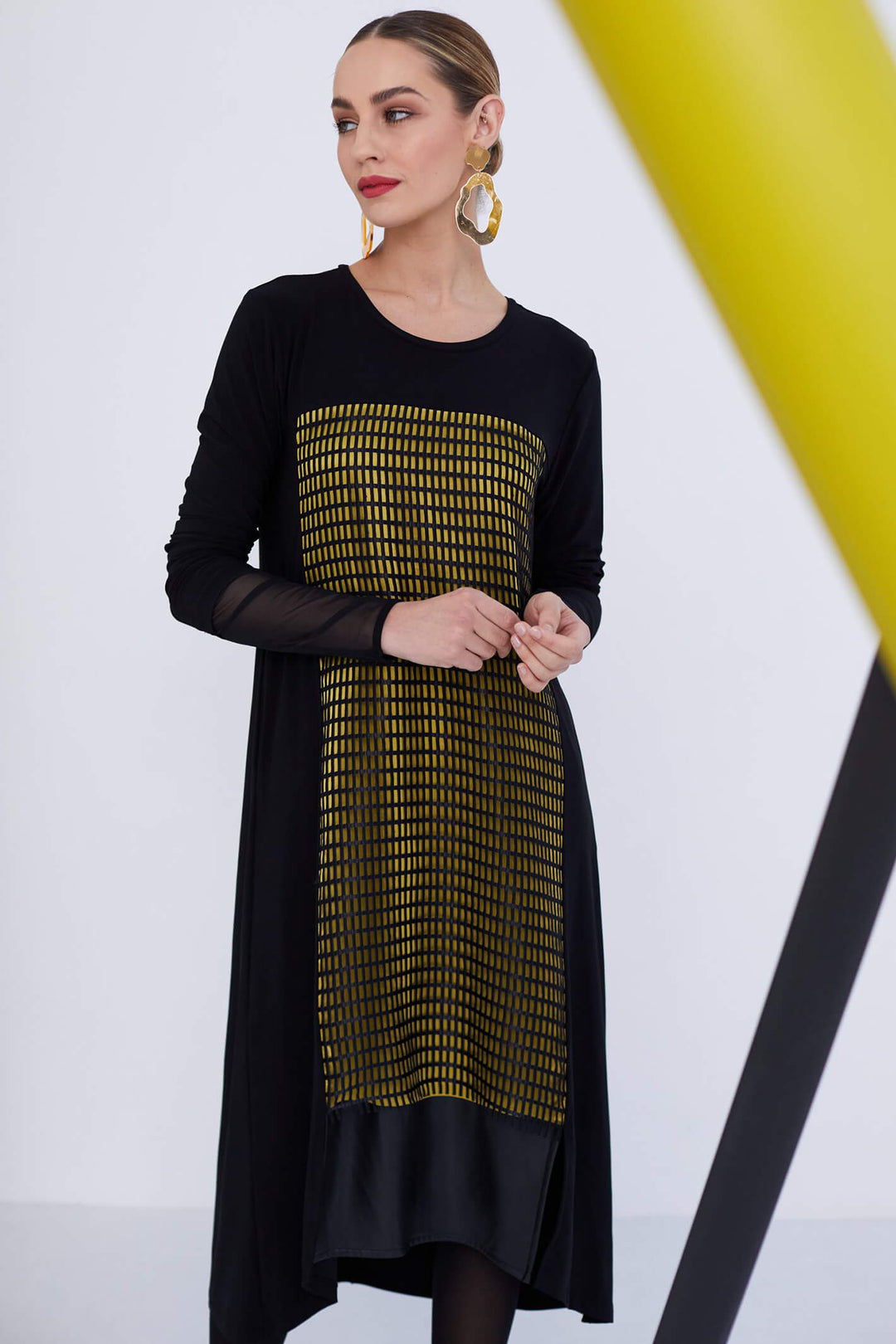 Naya NAW23 112 Black Chartreuse Mesh Front Jersey Dress With Sleeves Experience Boutique Naya NAW23 112 Black Chartreuse Mesh Front Jersey Dress With Sleeves Experience Boutique