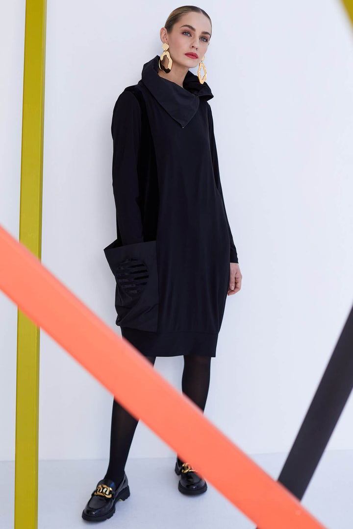 Naya NAW23 119 Black Jersey & Velour Zip Neck Dress With Sleeves - Experience Boutique