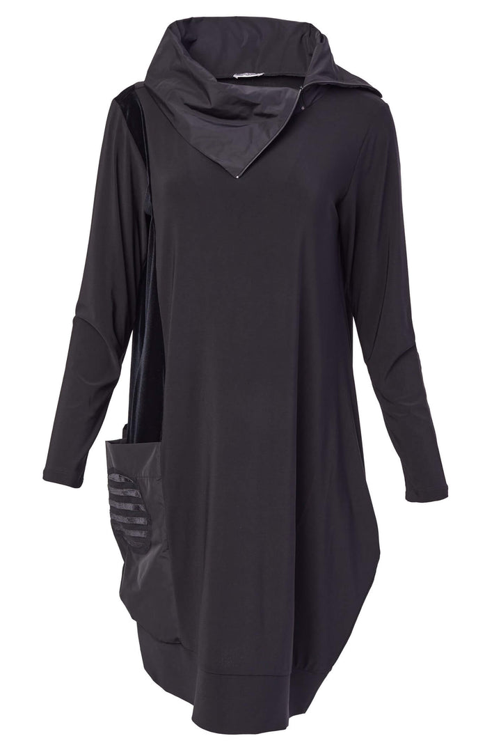 Naya NAW23 119 Black Jersey & Velour Zip Neck Dress With Sleeves - Experience Boutique