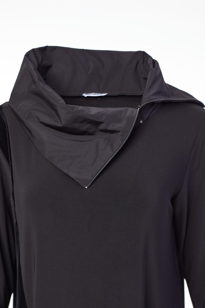 Naya NAW23 119 Black Jersey & Velour Zip Neck Dress With Sleeves - Experience Boutique