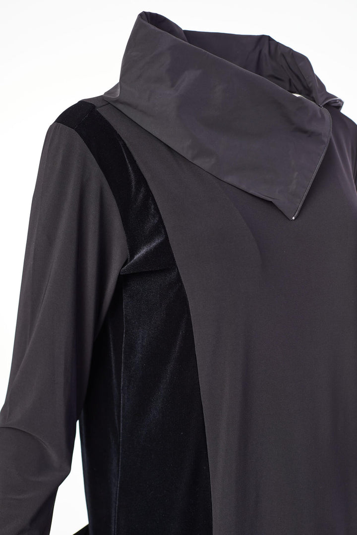 Naya NAW23 119 Black Jersey & Velour Zip Neck Dress With Sleeves - Experience Boutique