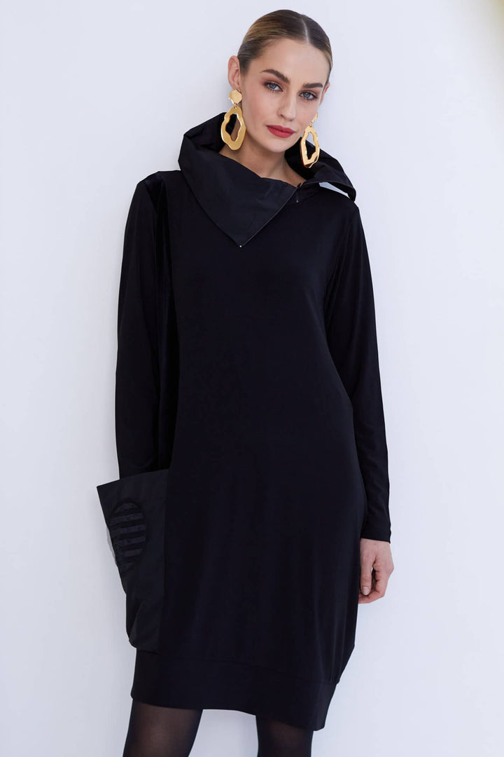 Naya NAW23 119 Black Jersey & Velour Zip Neck Dress With Sleeves - Experience Boutique