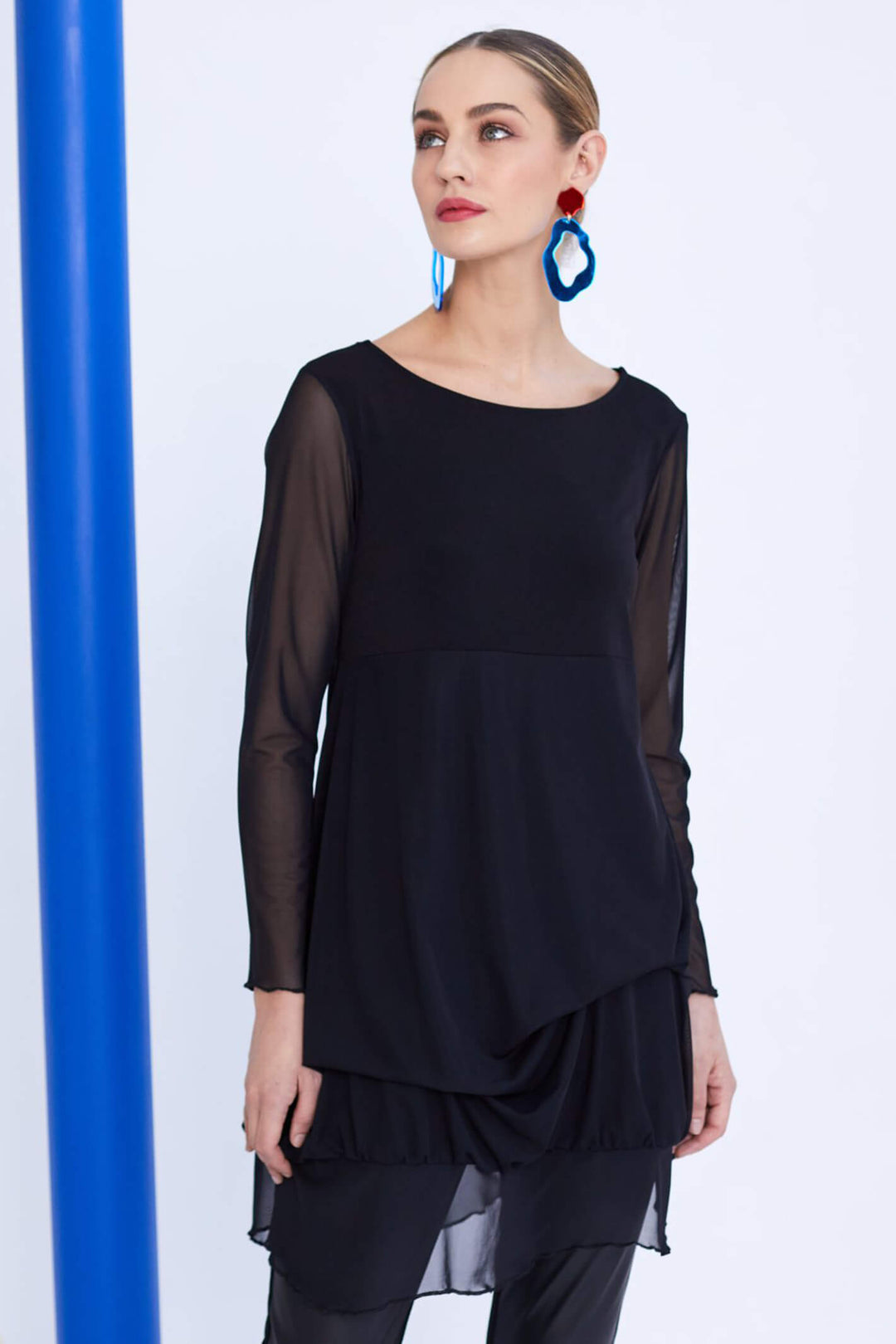 Naya NAW23 149 Black Jersey Ruffle Tunic With Sleeves - Experience Boutique