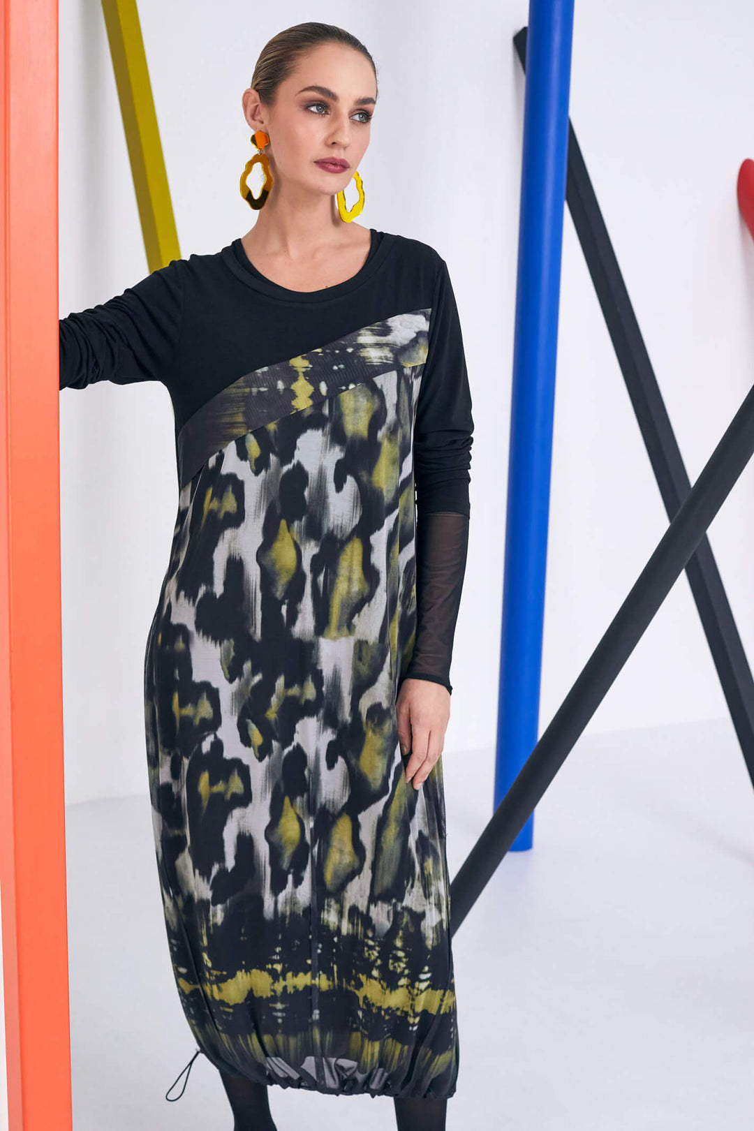 Naya NAW23 163 Black & Green Abstract Animal Print Dress - Experience Boutique