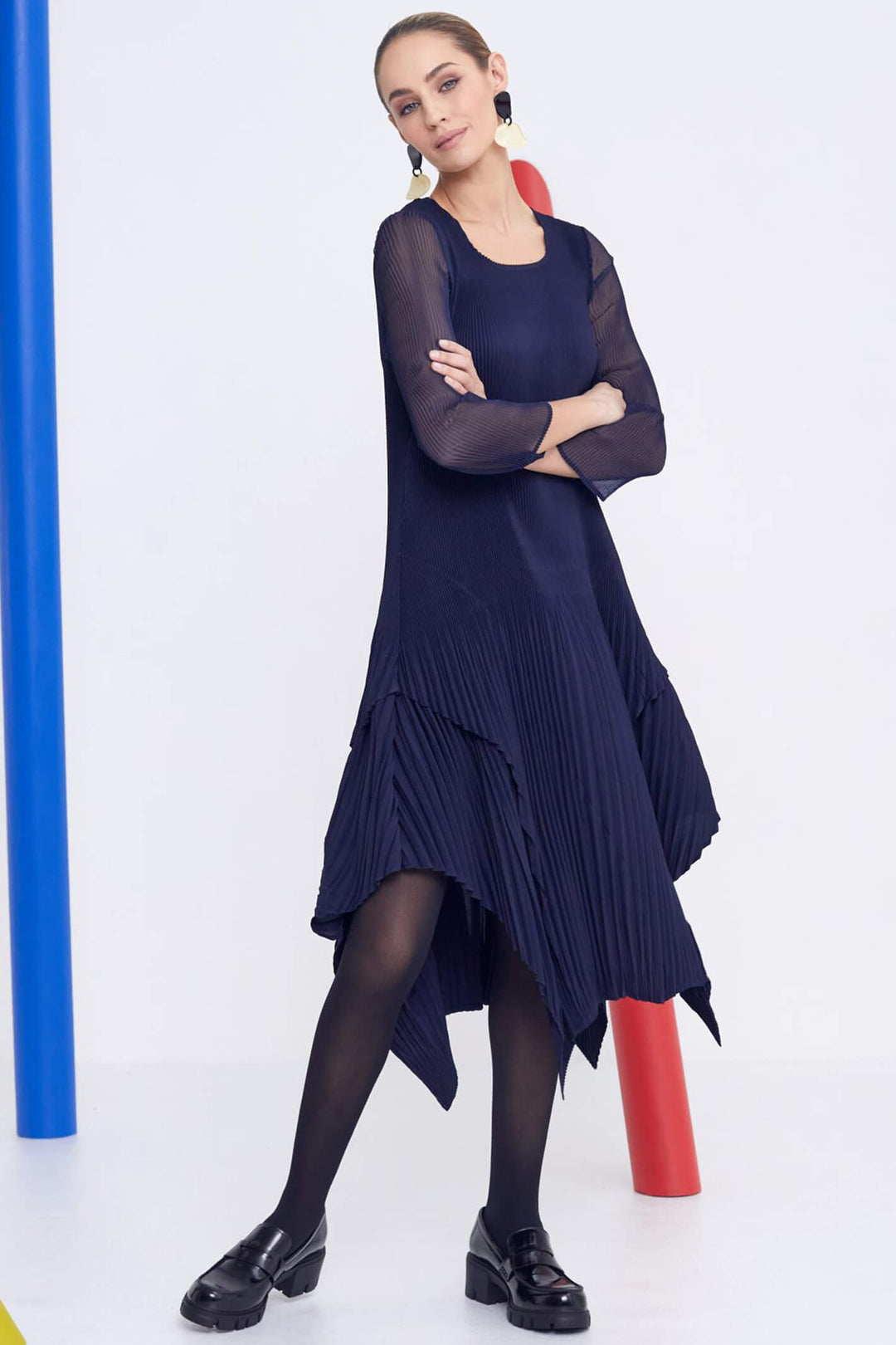 Naya NAW23 181 Navy Pleated Layer Dress With Sleeves - Experience Boutique