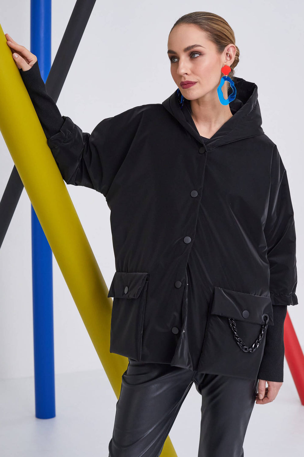 Naya NAW23 191 Black Short Coat With Hood - Experience Boutique