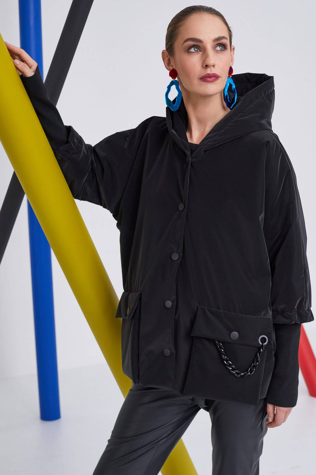 Naya NAW23 191 Black Short Coat With Hood - Experience Boutique