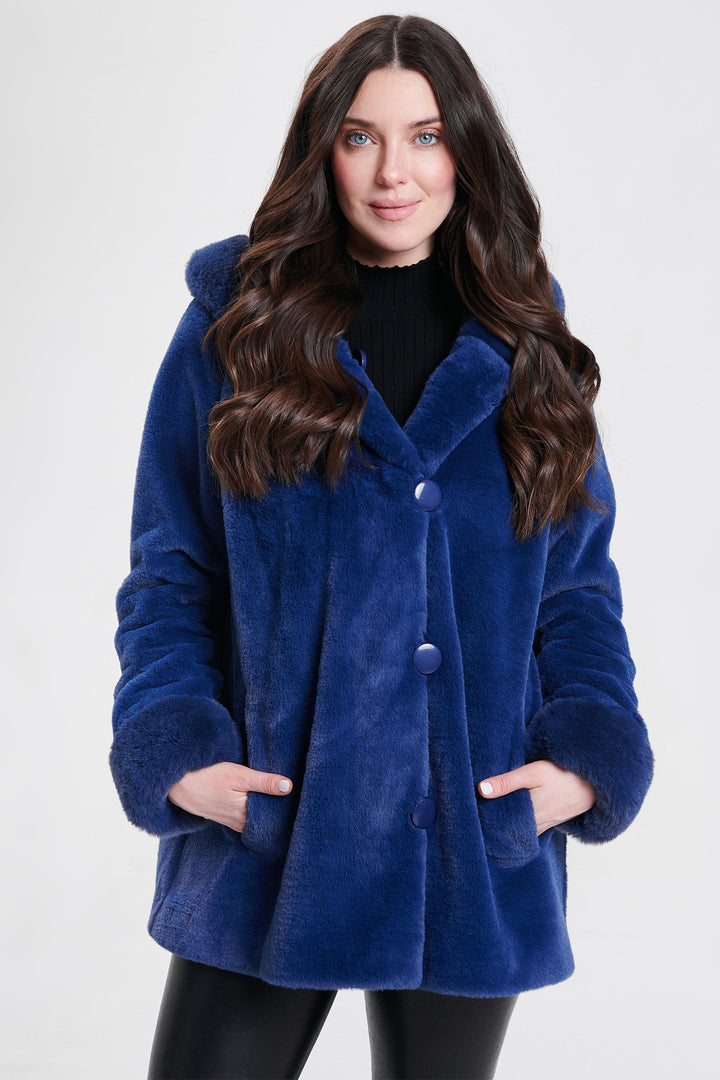 Nikki Jones 8130-376 Blue Black Reversible Teddy Coat
