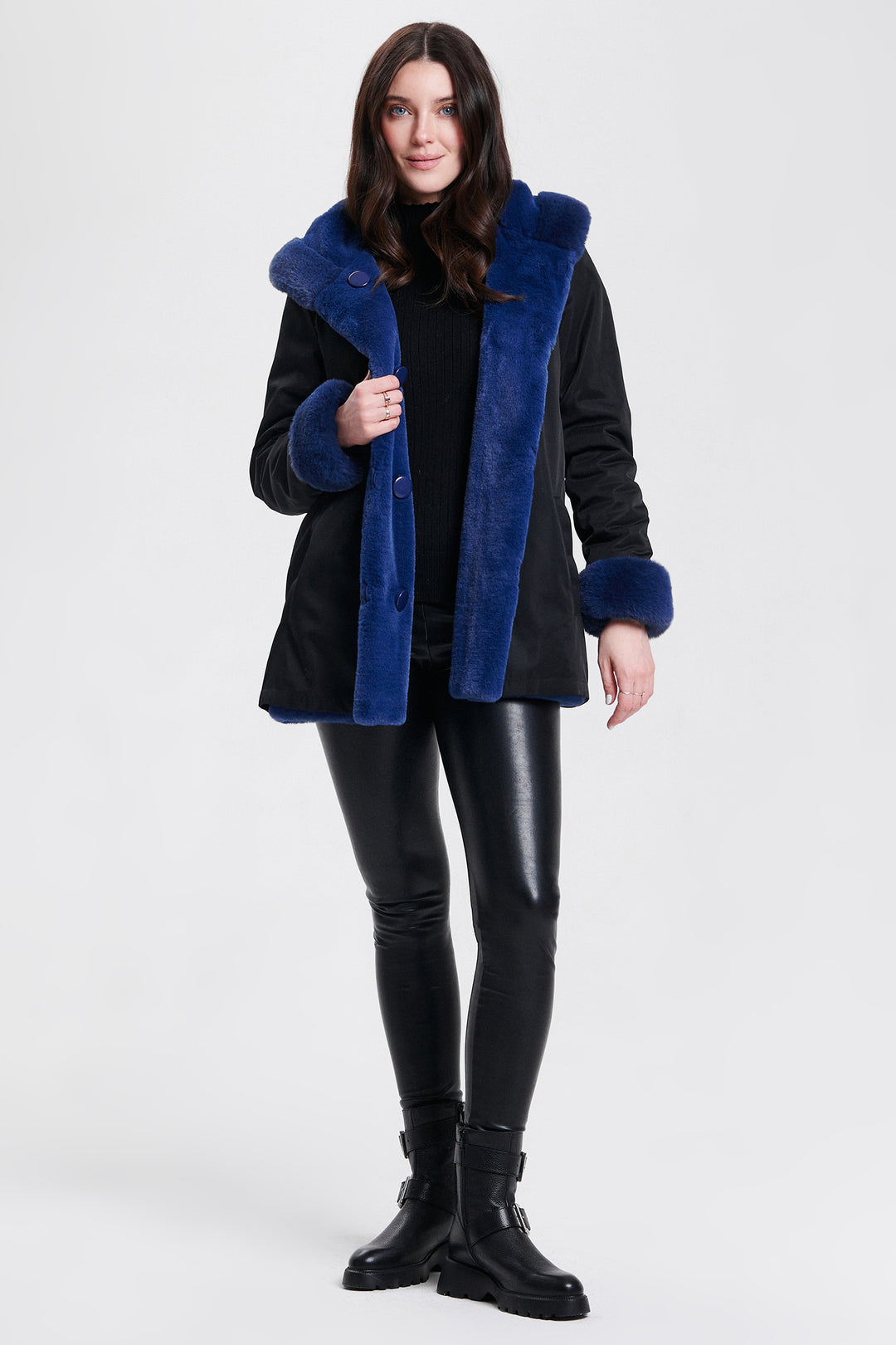 Nikki Jones 8130-376 Blue Black Reversible Teddy Coat