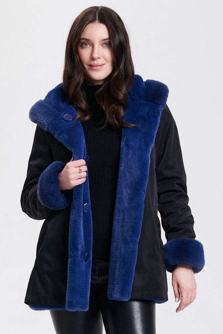 Nikki Jones 8130-376 Blue Black Reversible Teddy Coat