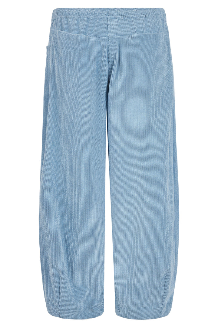 Light blue corduroy pants on a white background