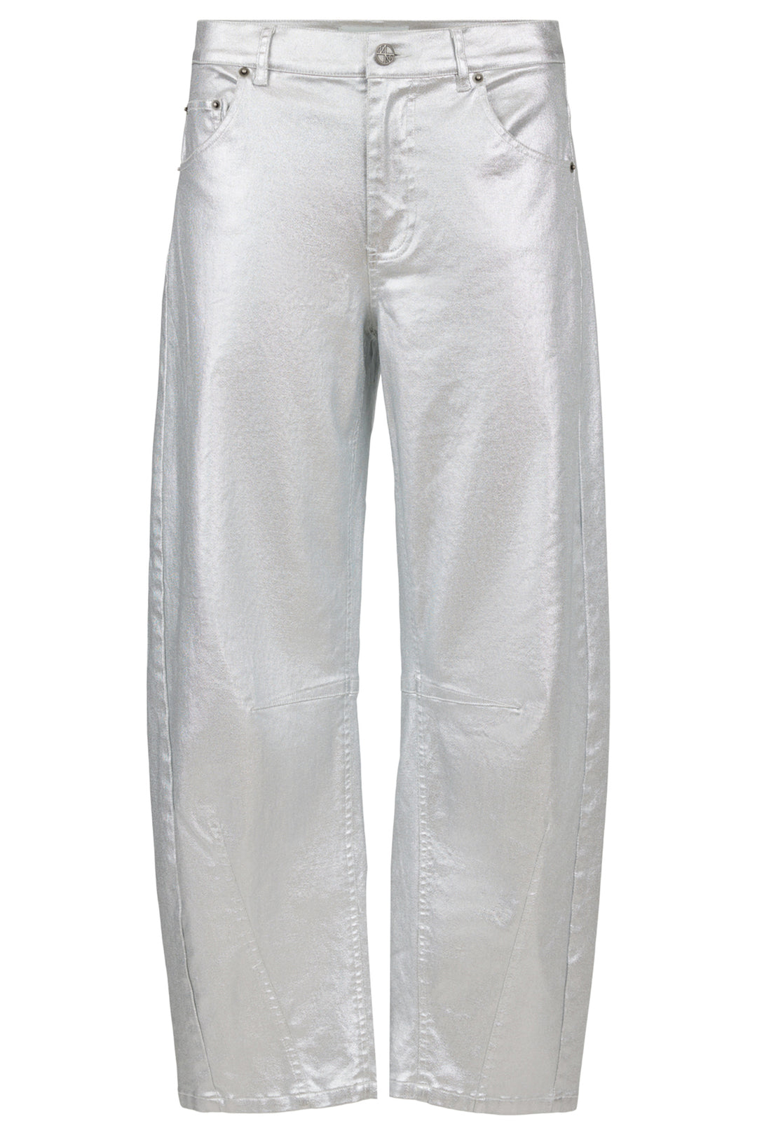 Silver metallic barrel jeans on a white background
