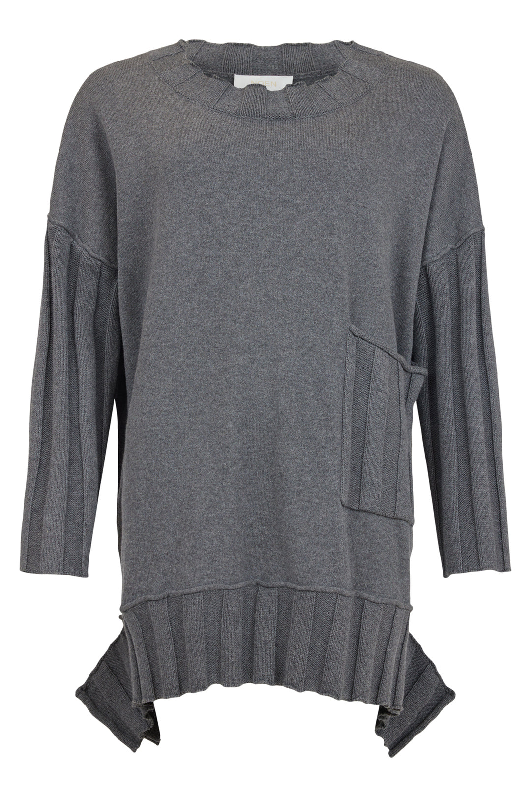 Gray sweater with a unique hem design on a white background