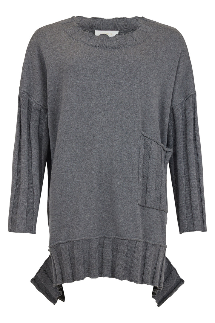 Gray sweater with a unique hem design on a white background