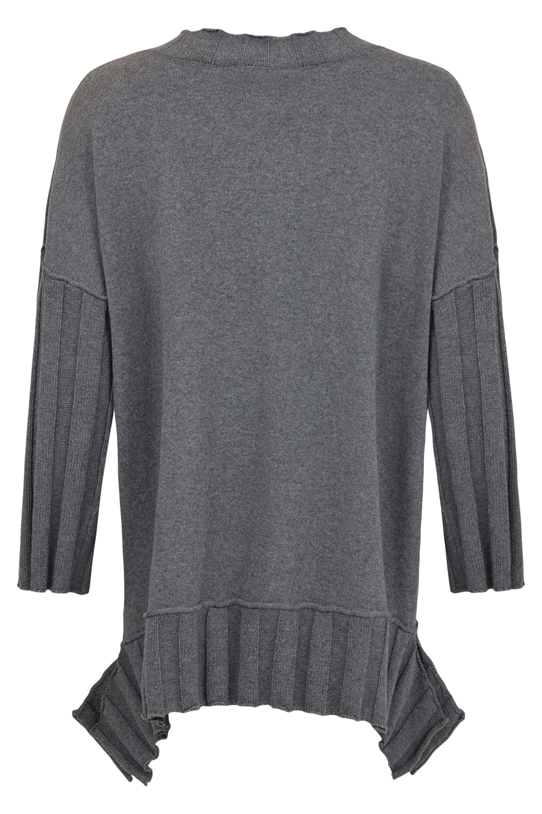 Gray sweater with ruffled hem on a white background