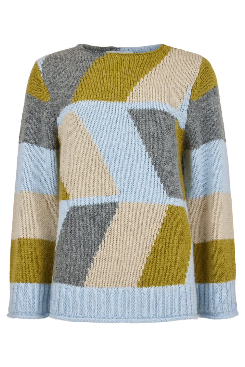 Colorful geometric-patterned sweater on a white background
