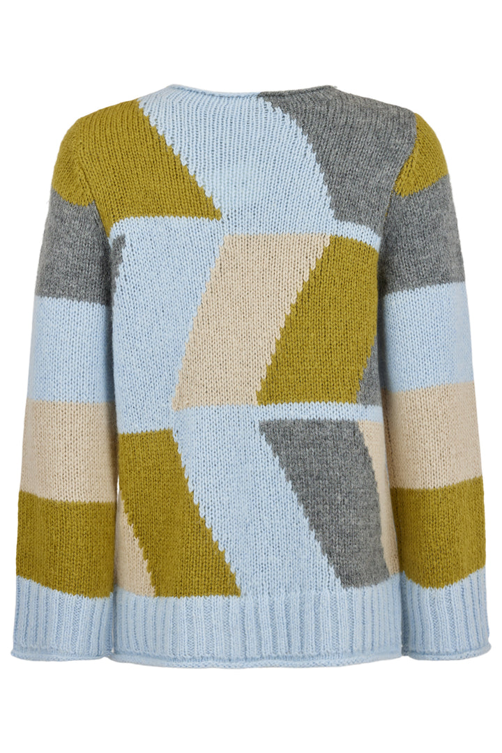 Colorful geometric-patterned sweater on a white background