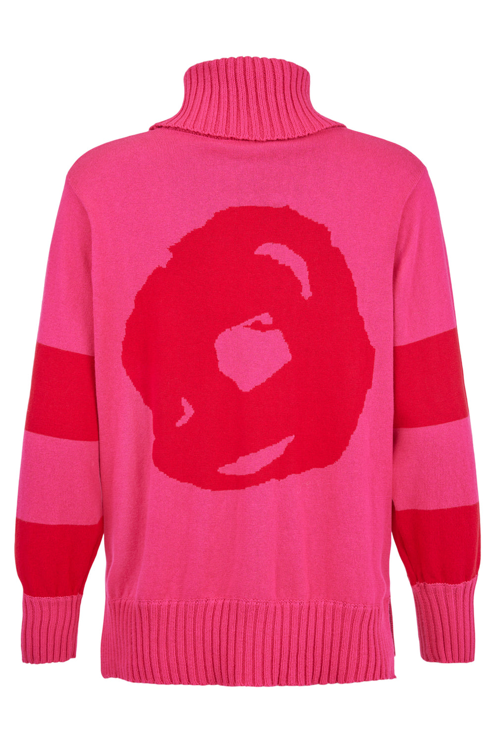 Pink sweater with a red abstract design on a white background