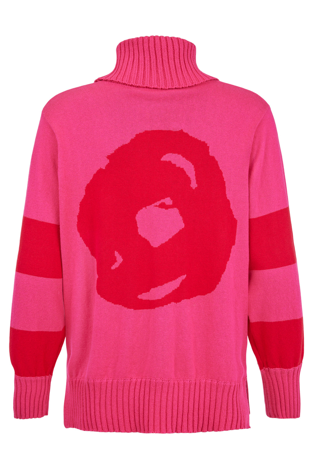 Pink sweater with a red abstract design on a white background