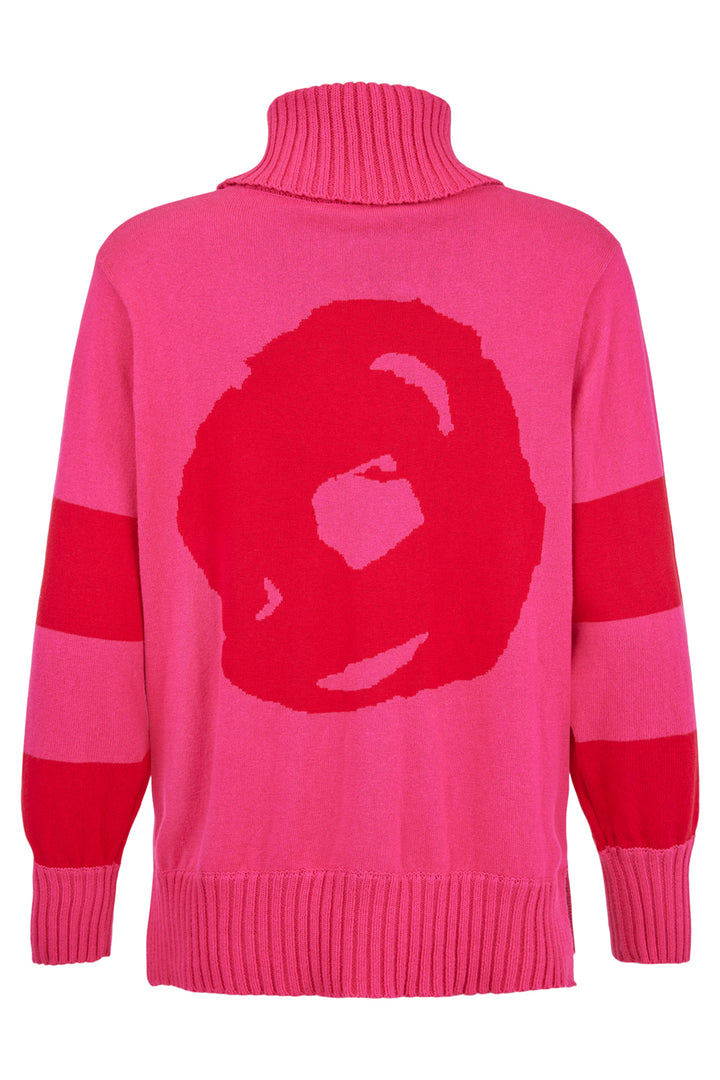 Pink sweater with a red abstract design on a white background