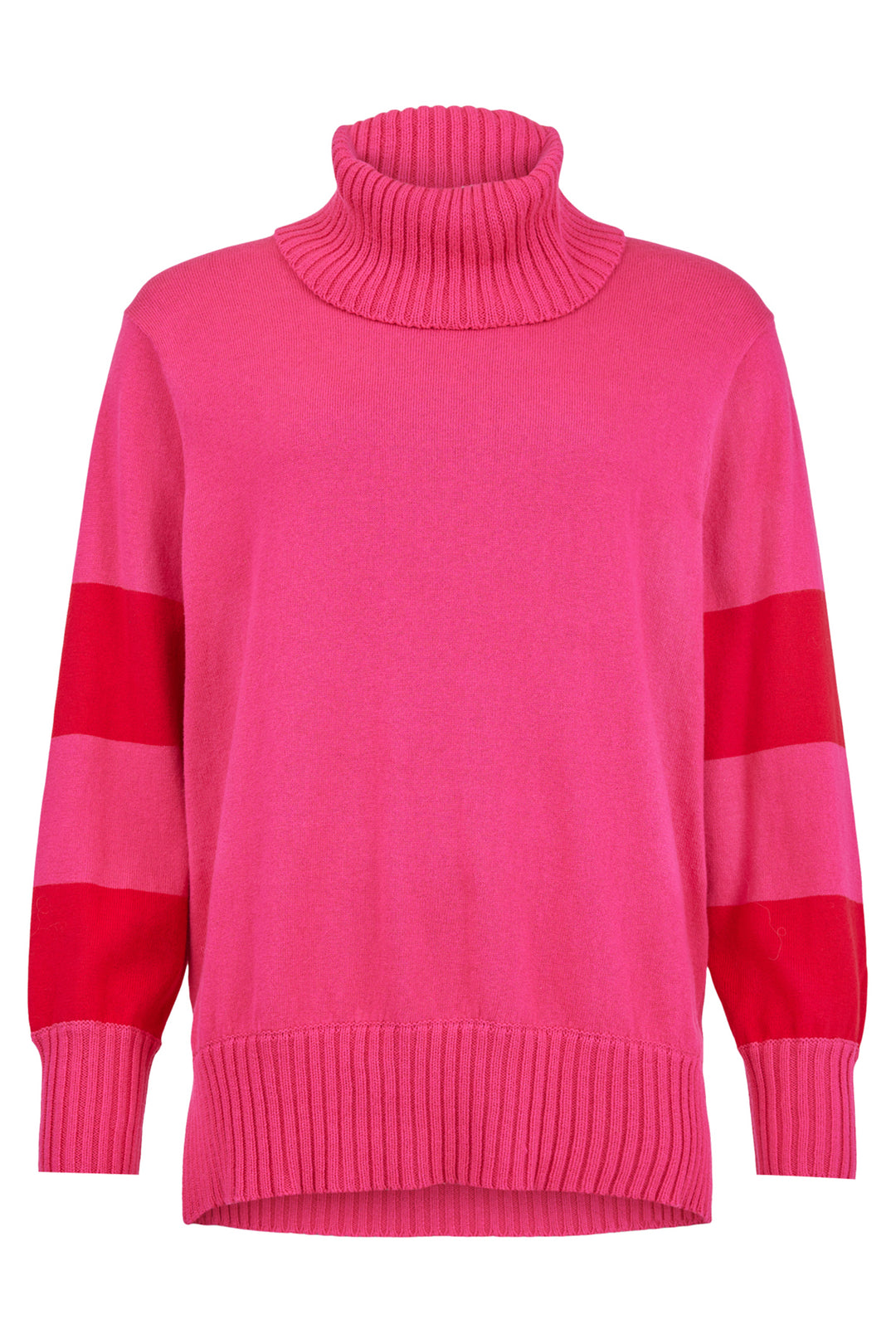 Pink sweater with red accents on a white background