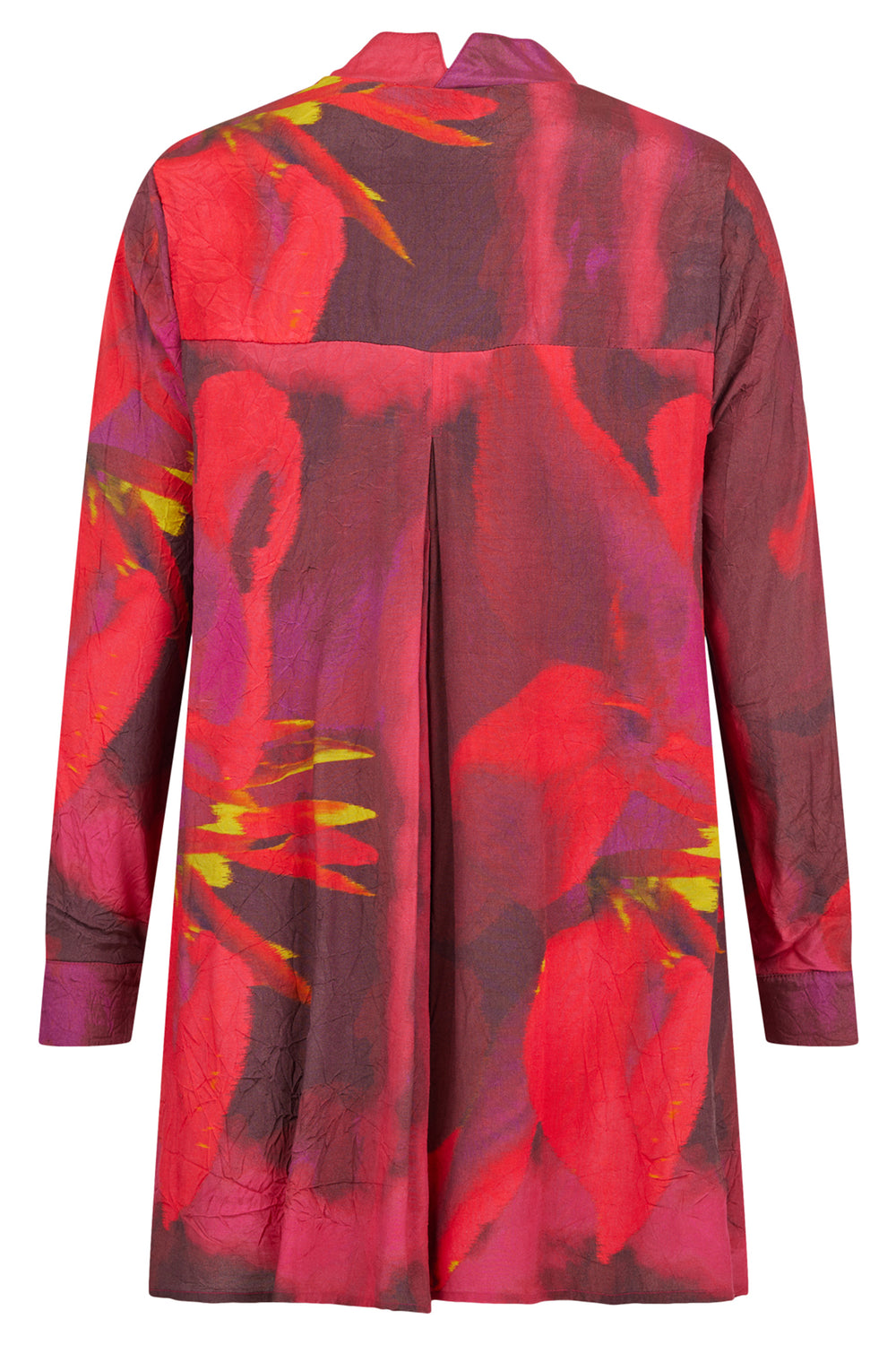 Red and purple floral patterned dress on a white background