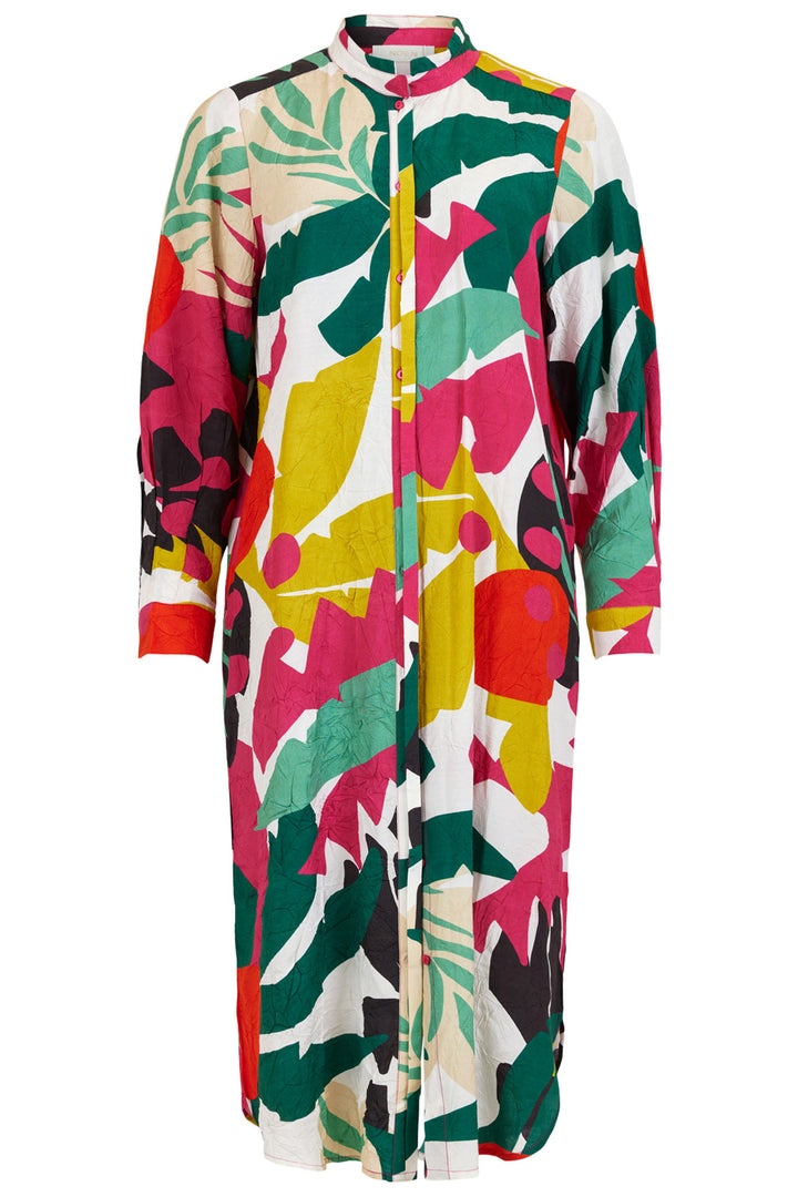 Noen 86172 Multi-Coloured Palm Mandarin Collar Midi Dress - Experience Boutique
