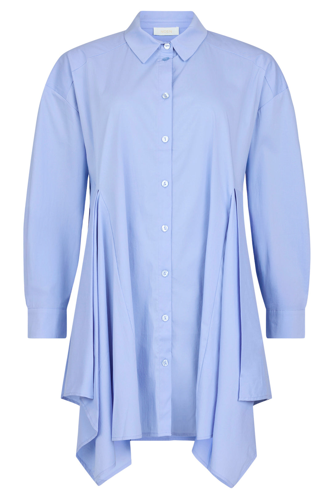Light blue shirt with a button-up front on a white background