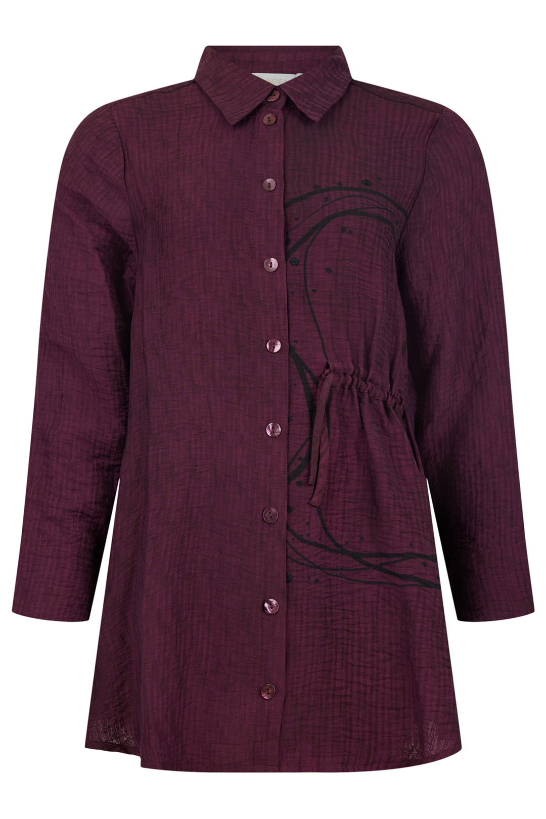 Maroon button-up shirt with a decorative element on a white background