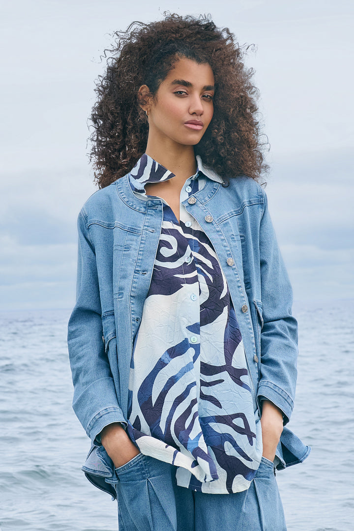 Noen 86279 62 Sea Blue Abstract Floral Print Shirt