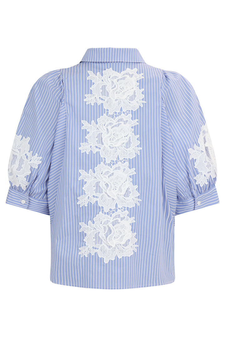 Noen 86287 60 Blue Pinstripe Applique Short Sleeve Blouse