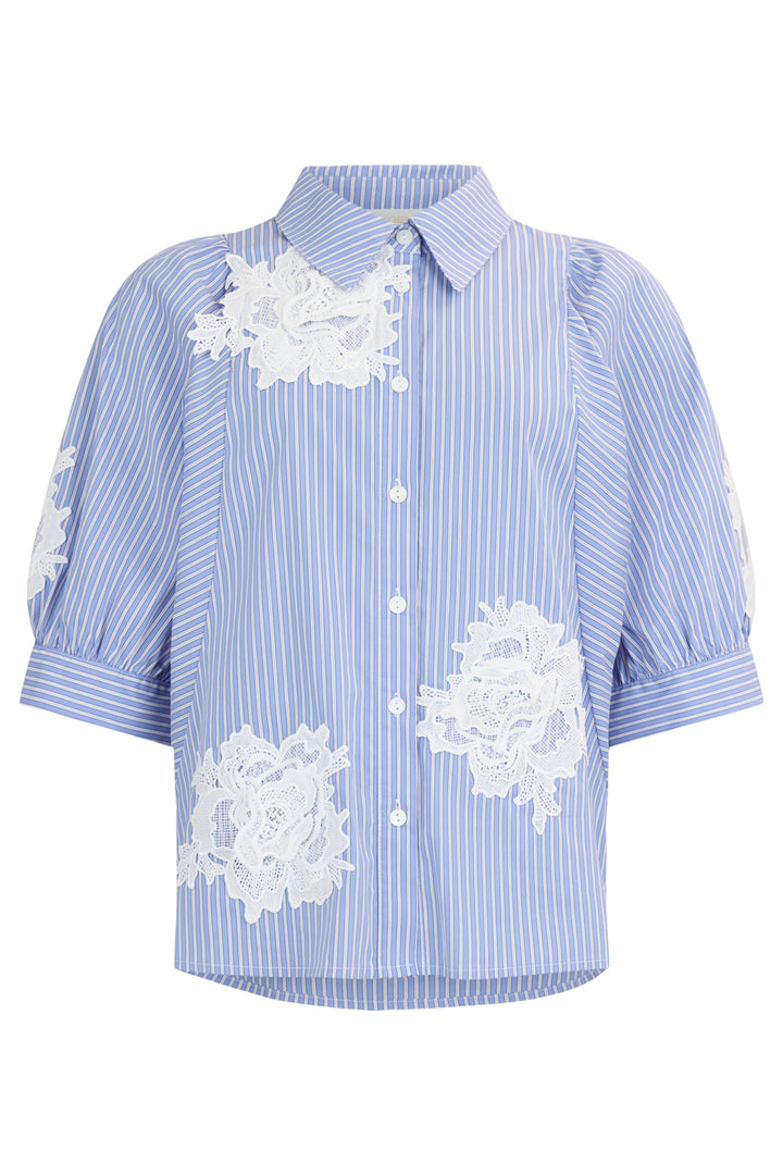 Noen 86287 60 Blue Pinstripe Applique Short Sleeve Blouse
