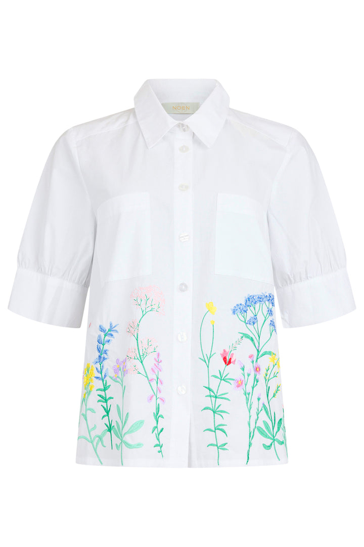 Noen 86294 10 White Embroidered Flowers Short Sleeve Shirt