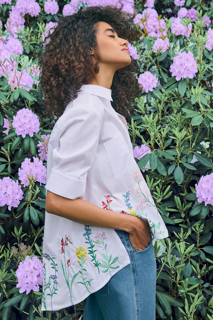 Noen 86294 10 White Embroidered Flowers Short Sleeve Shirt