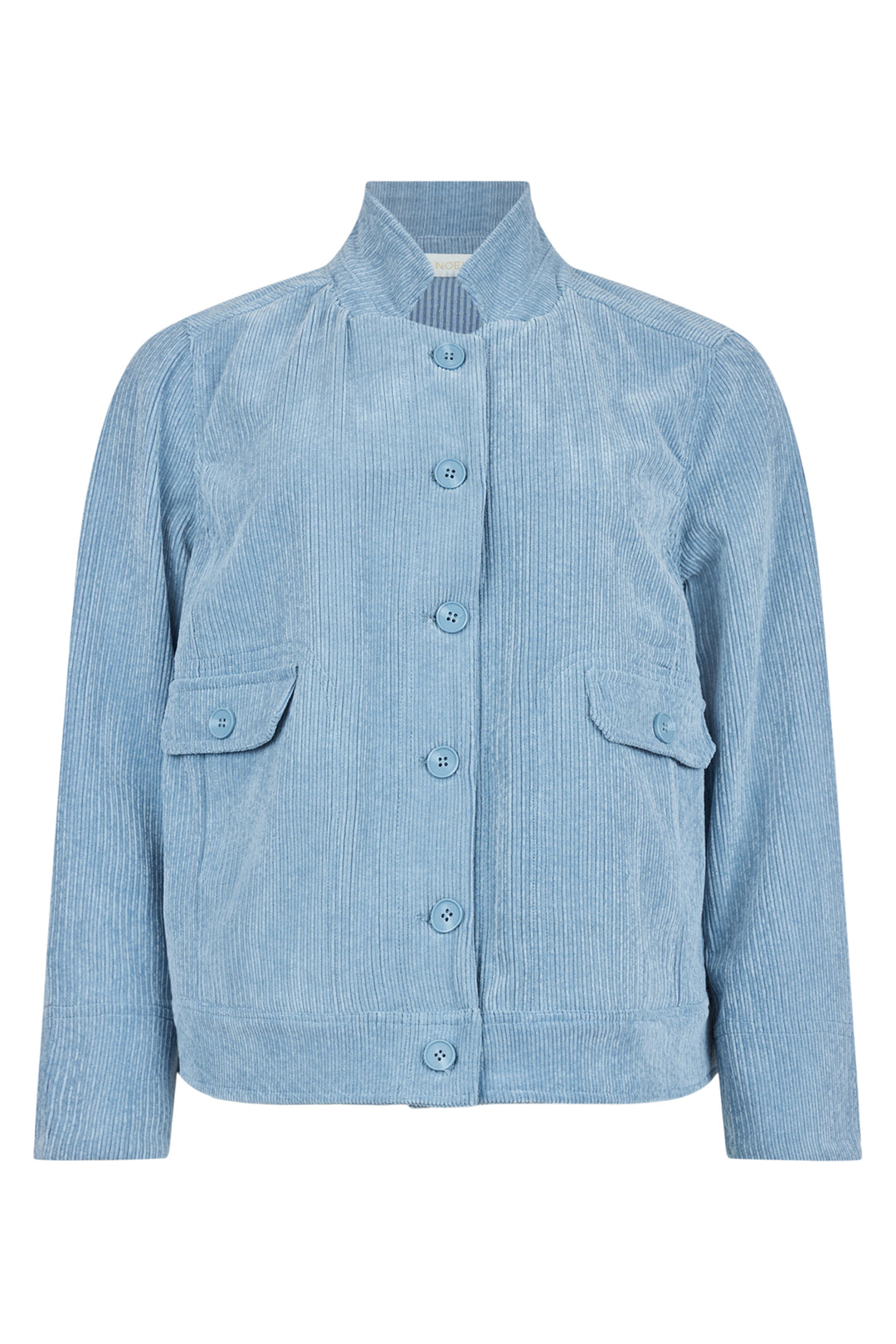 Light blue corduroy jacket on a white background