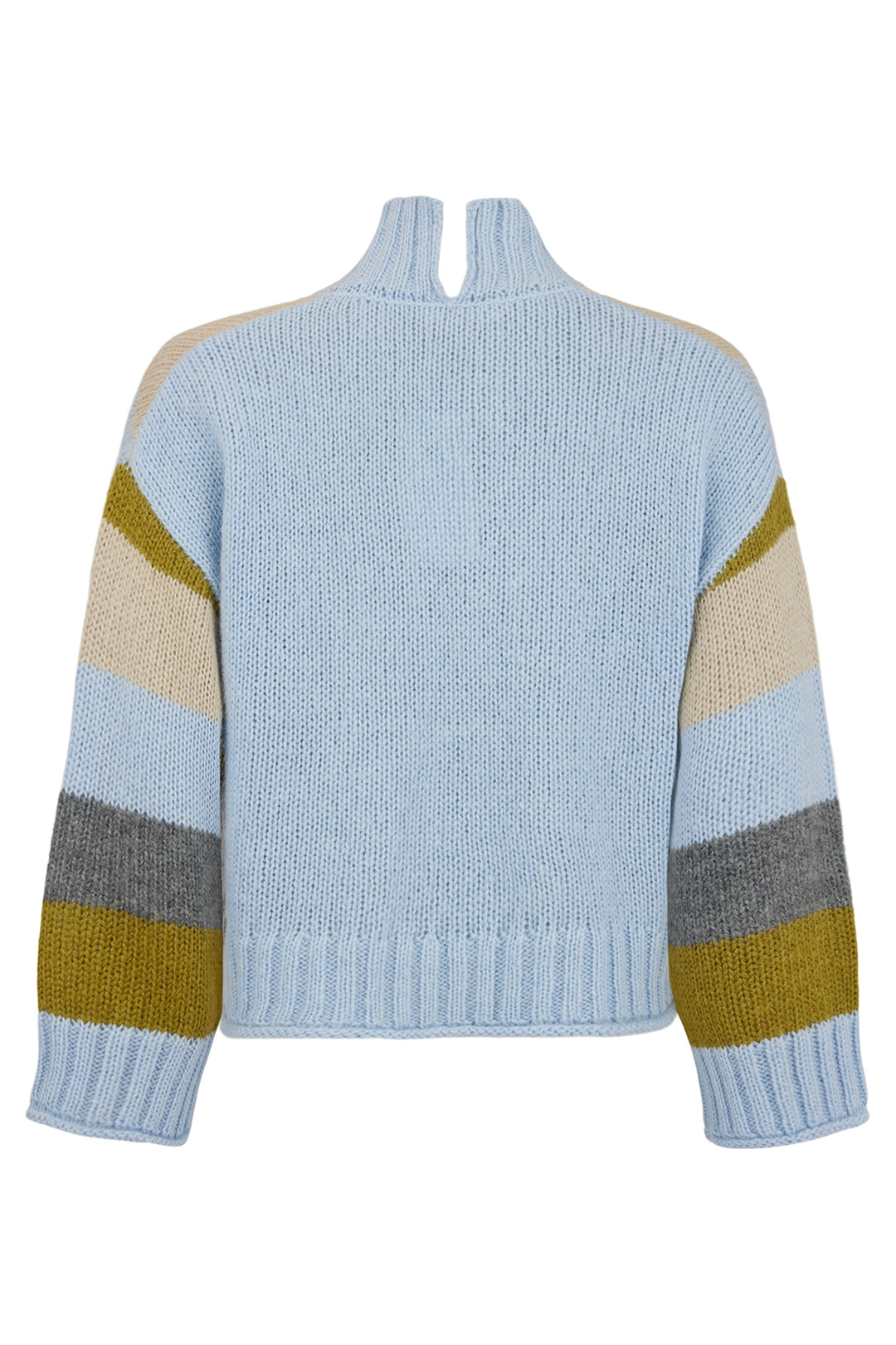 Light blue sweater with color-blocked sleeves on a white background