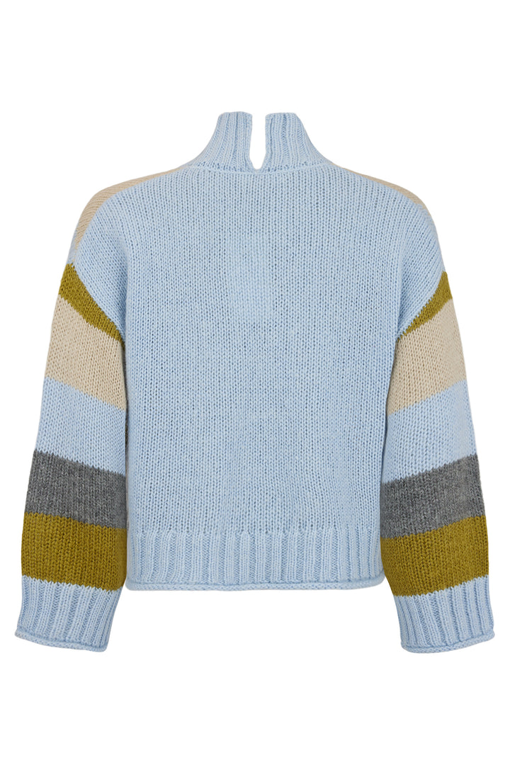 Light blue sweater with color-blocked sleeves on a white background