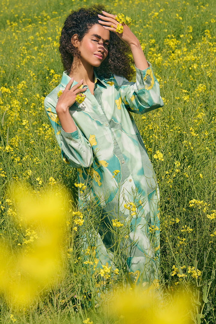 Noen 88619 87 Loden Green Abstract Print Cotton Shirt Dress