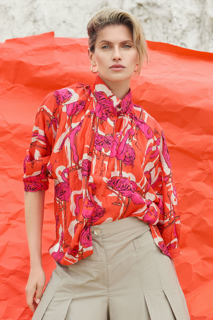 Noen Blouse Orange Flamingo Print 83598 81220 33 - Experience Boutique