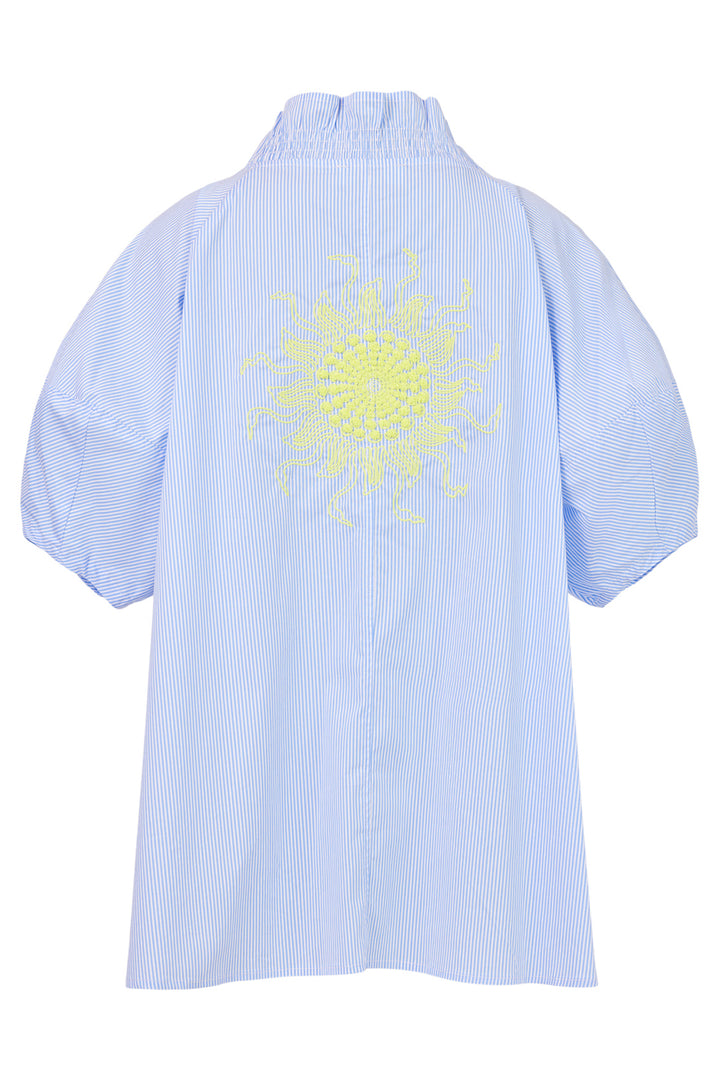 Noen Shirt Blue Pinstripe Puff Sleeves Embroidered Sun 86225 81235 65