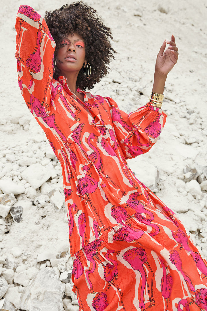 Noen Shirt Dress Orange Flamingo Print 88553 81220 33 - Experience Boutique