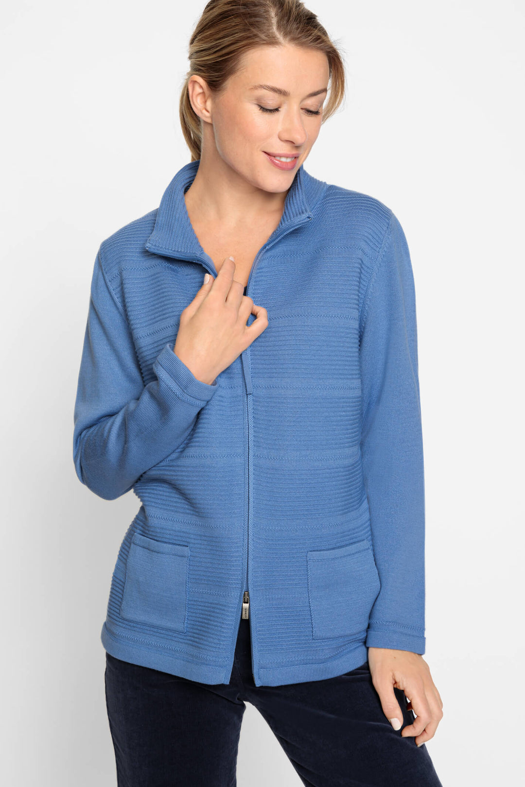 Olsen 11000756 Sterling Blue Zip Front Ribbed Cardigan - Experience Boutique