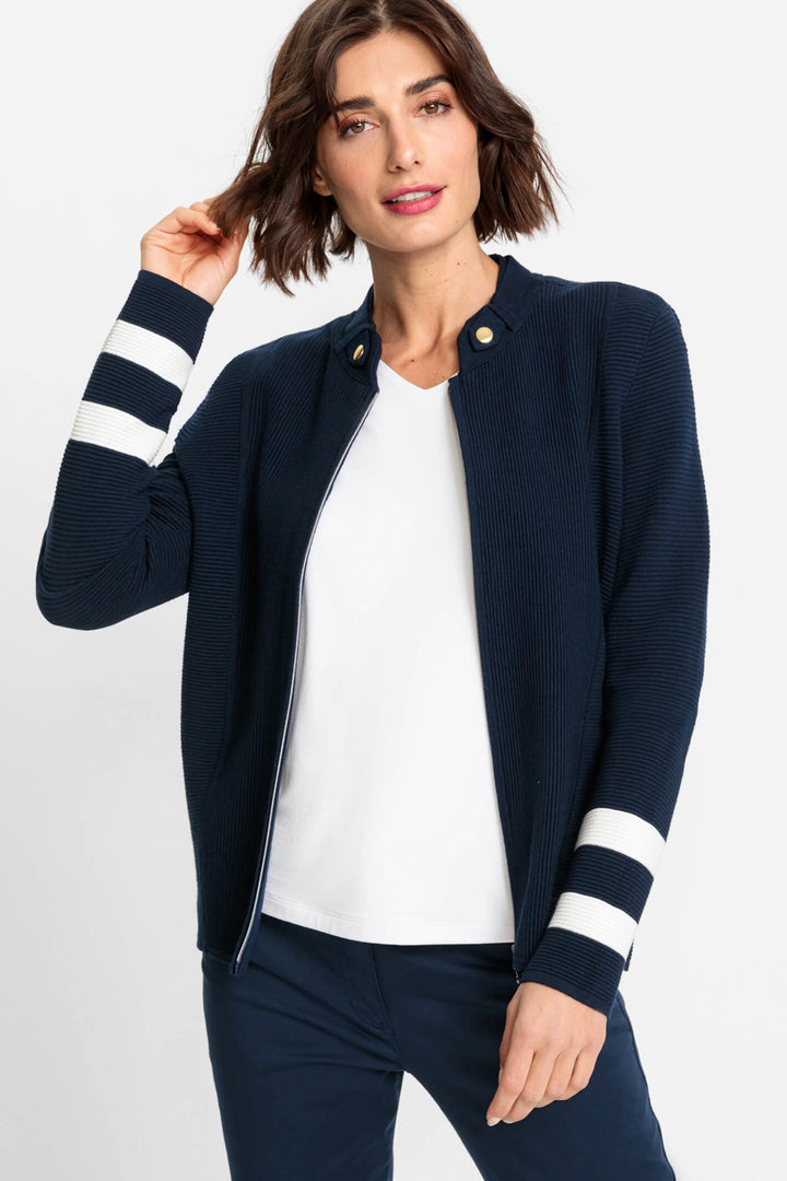 Olsen 11004083 Navy Ink Blue Zip Front Stripe Sleeve Cardigan - Experience Boutique
